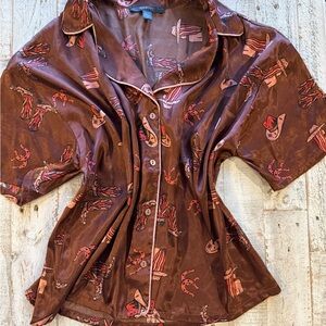 Midnight Western Print Satin Button-Up Shirt | Size L